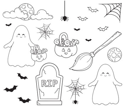 Vector set on white background, outline illustration of simple Halloween, bats, moon, ghost, web, pumpkin, gravestone, spider, clipart, useful for Halloween party decoration, hand drawn images. 