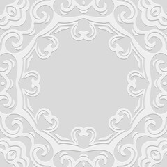 Embossed white background, cover design. Geometric ethnic 3D pattern, press paper, leather. Handmade, mandala, ornament. Boho, fashionable traditions of the East, Asia, India, Mexico, Aztecs, Peru.