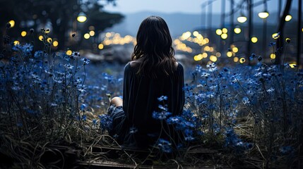 Blonde woman amidst vibrant flowers under a blue sky, capturing nature's beauty and ethereal elegance.