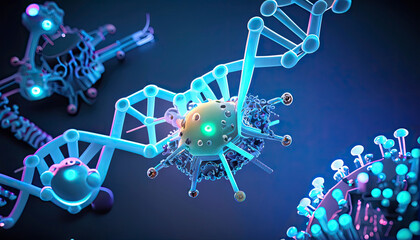 Science fiction, abstract illustration of an artificial nanobot or other fantasy robotic microorganism that manipulates a DNA chain. Concept 3d illustration