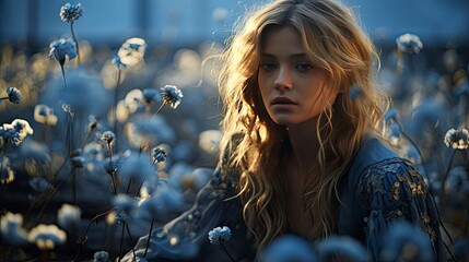 Blonde woman amidst vibrant flowers under a blue sky, capturing nature's beauty and ethereal elegance.