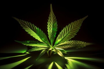 A cannabis leaf in the spotlight with a green bottom on a dark background. Generative AI