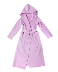 lilac long stylish women's coat robe with belt isolated on white background