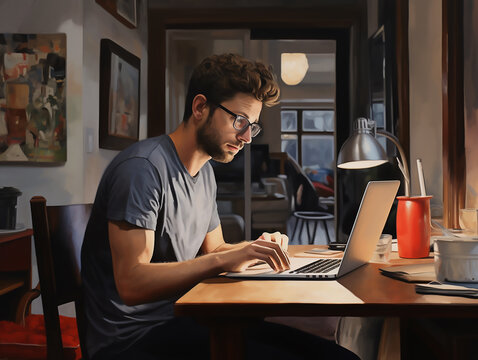 a young man works at a computer in the evening at home with dim lights against the backdrop of a dark window. Remote work from home