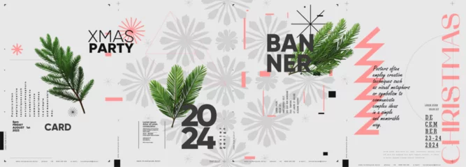 Fotobehang Merry Christmas and happy new year. 2024. Modern minimalistic Christmas banner. Vector illustration with elements of typography. © Molibdenis-Studio