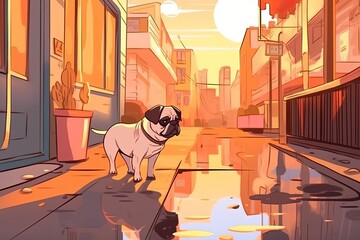 Cute Cartoon Pug Illustrations: A Day in the Life of a Pug Living in a Big City, generative AI