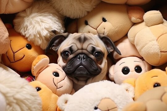 Cute Pug Picture Compilation: Adorable Pugs Snuggled with Different Soft Toys, generative AI