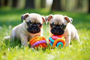Fototapeta premium Cute Pug Puppies Playing with Colorful Toys on Green Lawn: Adorable Fun!, generative AI