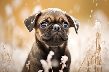 Cute Puppy Pug Images: Delightful Reactions of Pug Puppies to First Snowfall, generative AI
