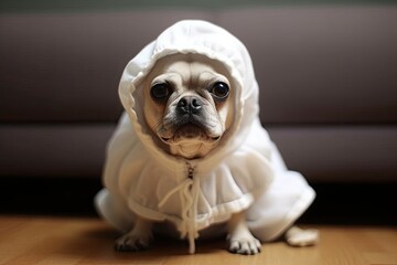 Halloween Pug Picture: Dog in Ghost Costume - Spooky and Adorable Halloween Pug Image, generative AI