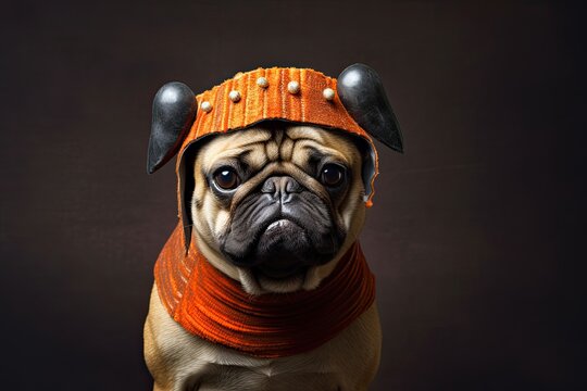 Halloween Pug Photographs: Spooky Costumes Adorned by Pugs in Captivating Images, generative AI