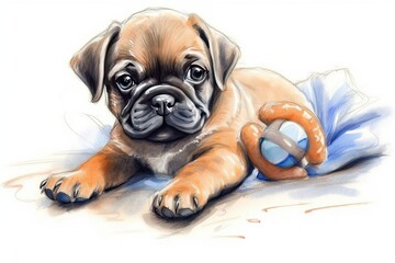 Obraz premium Pug Drawings: Cute Sketch of a Pug with its Favorite Toy - Adorable Pug Art, generative AI