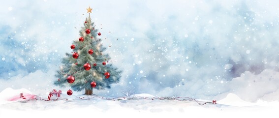 christmas tree with decorations and various ornaments on a snowy background Generative AI