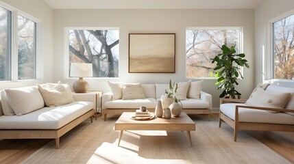 Fototapeta na wymiar Spotless living room bathed in soft natural light 