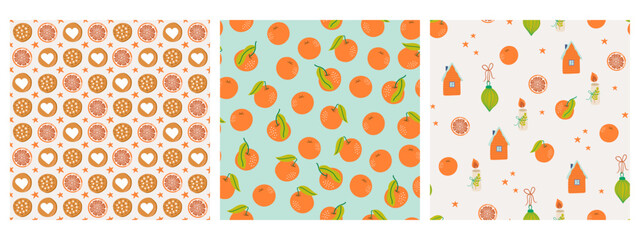 Cute set of Christmas backgrounds. Seamless patterns with Winter holidays symbols, tangerines, cookies. Naive art holiday prints. Digital paper. Vector illustration.