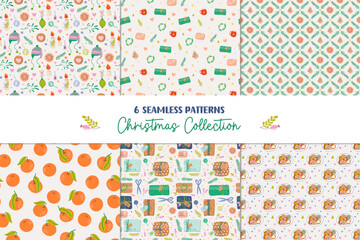 Set of bright Christmas backgrounds. Seamless patterns with Winter holidays symbols, decorations, tangerines, cookies. Naive art holiday prints. Digital paper. Vector illustration.
