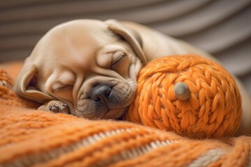 Adorable Pug Newborn Picture: Tiny Puppy Napping in the Cutest Way!, generative AI - obrazy, fototapety, plakaty