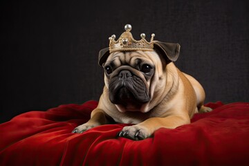 Pug Pics: Crowned Pug Sitting on Plush Pillow - Majestic Pug Photography, generative AI
