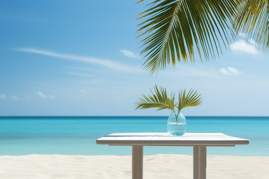 Table on beach with blue sky and palm leaf background. Generative AI