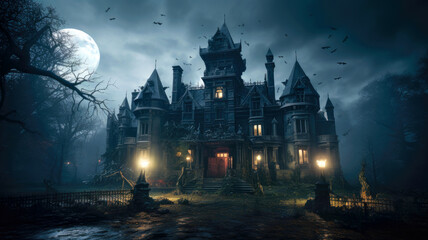 Dark castle, spooky haunted mansion in forest on scary Halloween night