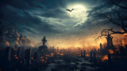 Scary graveyard with bats, crows, cemetery on creepy Halloween night - obrazy, fototapety, plakaty
