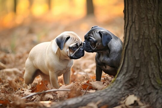 Pug Pictures: Captivating Moments of a Pug Making Friends at a Dog Park, generative AI