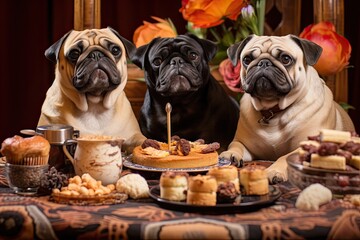 Pugs Birthday Party: Captivating Photographs of Adorable Pugs and Their Furry Friends Celebrating Together, generative AI
