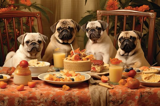 Pug's Birthday Extravaganza: Group of Pugs Enjoying a Feast in Celebration, generative AI