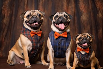Pugs Smiling for a Family Portrait: Adorable Matching Outfits Capture the Joyful Bond, generative AI