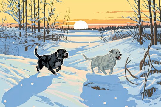 Pugs Wallpaper: Playful Pugs Romping in a Snow-Covered Field, generative AI