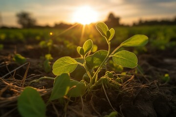 A delicate soybean sprout stretches towards sunlight, surrounded by crops in an expansive field. Generative AI - obrazy, fototapety, plakaty
