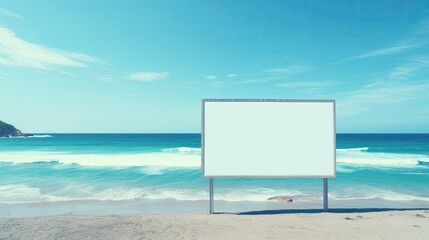 Blank billboard set against the backdrop of a sunny beach day.