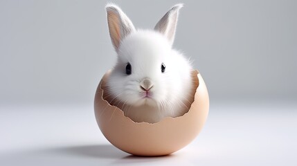Obraz premium Cute white rabbit with egg on a white background.