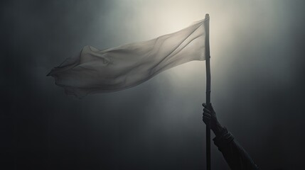 Image of an outstretched hand clutching a white flag. - obrazy, fototapety, plakaty