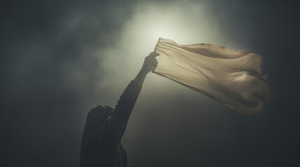 Image of an outstretched hand clutching a white flag. - obrazy, fototapety, plakaty