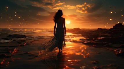 Fototapeta premium Image of woman on the beach at sunset.