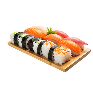 set sushi on a plate isolated on white background, ai generated