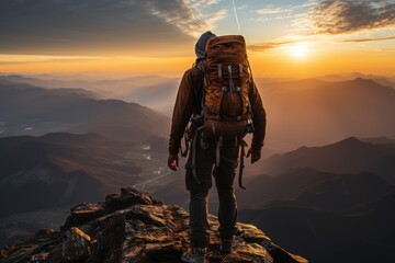 Obraz premium An exhilarating shot of a rock climber reaching the summit of a challenging peak, with the rugged wilderness stretching out below