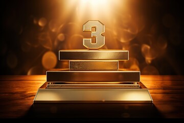 Gold trophy for third place. The number three is on a golden pedestal with a glow. Blurred background - obrazy, fototapety, plakaty
