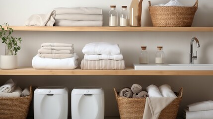 Fototapeta na wymiar Bright and tidy laundry room with neatly folded linens 
