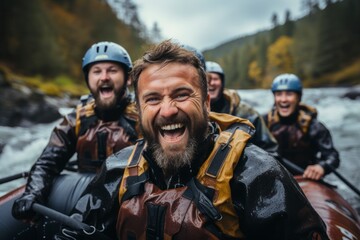 Fototapeta premium An immersive photograph of a group of friends on a river rafting adventure, navigating challenging rapids and sharing hearty laughter, capturing the camaraderie and excitement of outdoor water sports