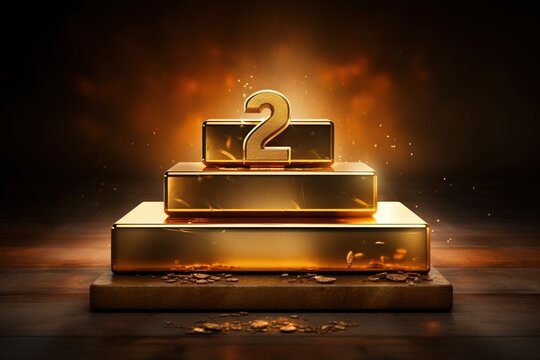 Gold trophy for runner-up. The number two is on a golden pedestal. Blurred background