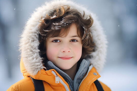 Boy portrait with winter landscape as background
