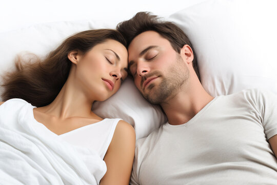Couple sleeping peacefully in bed. Close up, top view