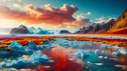 image AI-generated  image of a landscape of Melting ice around Antarctica due to global warming