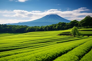 Green tea plantation near Mount Fuji, Shizuoka Prefecture, Japan. Generative AI - obrazy, fototapety, plakaty
