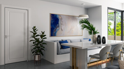 Large luxury modern bright interiors Living room mockup illustration 3D rendering computer digitally generated image