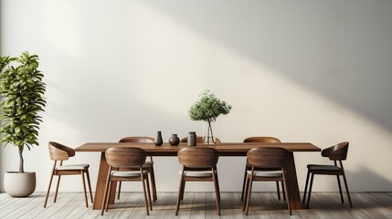Fototapeta premium Minimalist dining room with a polished wood table 