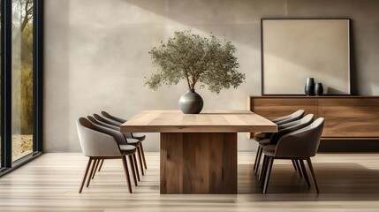 Minimalist dining room with a polished wood table
