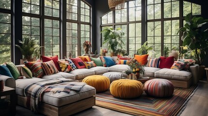 Bohemian living room filled with eclectic, colorful accents
